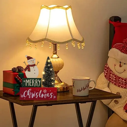 Vista 7 de Decoraciones de Navidad para el hogar, árbol de Navidad con luces LED, temporizador, letrero de muñeco de nieve de granja, signo de mesa de madera