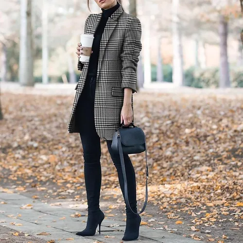 Vista 6 de UODSVP Abrigos de invierno para mujer, estampado de moda, casual, cuello a cuadros, abrigo suelto de tweed