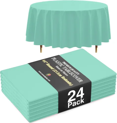 Vista 16 de Exquisite 66% Thicker Premium Aqua Round Tablecloth 0.5 Mil 6 Pack Plastic Table Cloth Disposable 84 Inch Round Plastic Tablecloth Won't Tear Easily