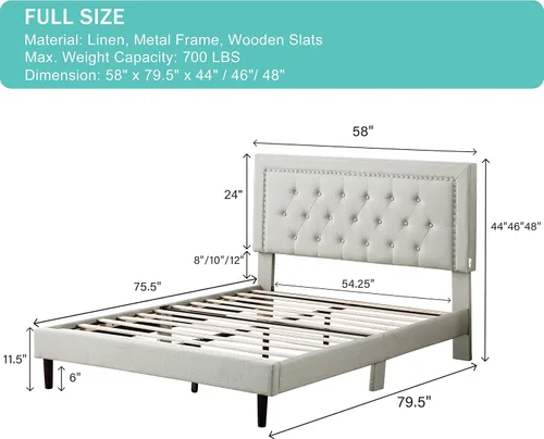Vista 2 de Base de cama de plataforma tapizada tamaño matrimonial con cabecero ajustable de 48 pulgadas de alto, cama de terciopelo de lino con botones