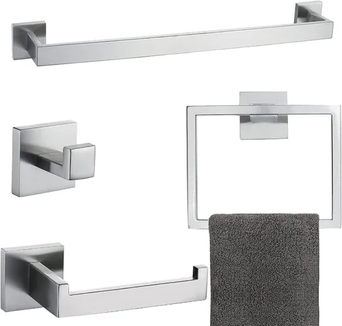Vista 19 de Juego de 4 soportes para toallas de baño, juego de accesorios de baño de acero inoxidable negro y dorado, montaje en pared, 23.6 pulgadas