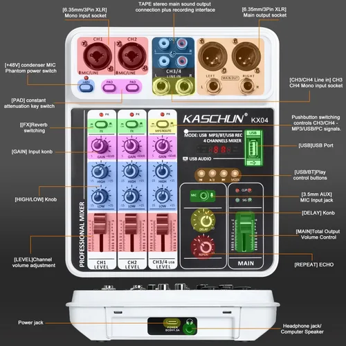 Vista 8 de Mezclador de audio DJ de 4 canales, tablero de sonido Bluetooth