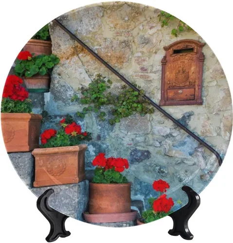 Vista 47 de Plato decorativo colgante de cerámica con temática de paisaje, plato decorativo redondo de plantas en maceta, con soporte decorativo, para sala