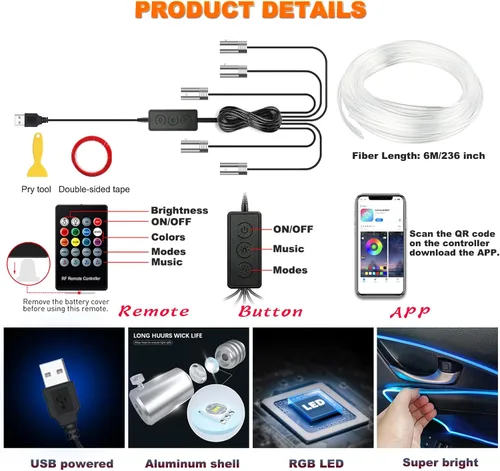 Vista 4 de Jushope - Luces LED para automóvil, luces interiores con control inalámbrico por aplicación/control remoto RF/botón, kit de iluminación ambiental