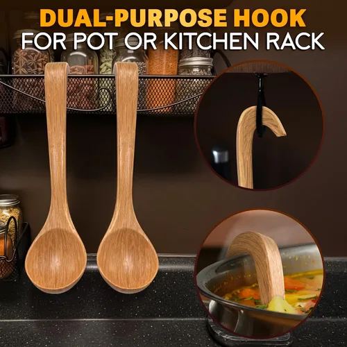 Vista 6 de 2 cucharones de madera para sopa, 2.7 onzas líquidas, suaves con utensilios de cocina antiadherentes Wooden Soup Ladle Set, 10.8 x 2.8 In
