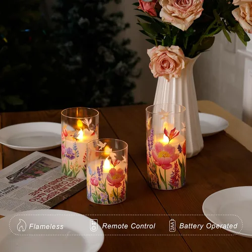 Vista 2 de JOIONE Hummingbird Flameless Glass Candles, 3 Pack Floral LED with Remote