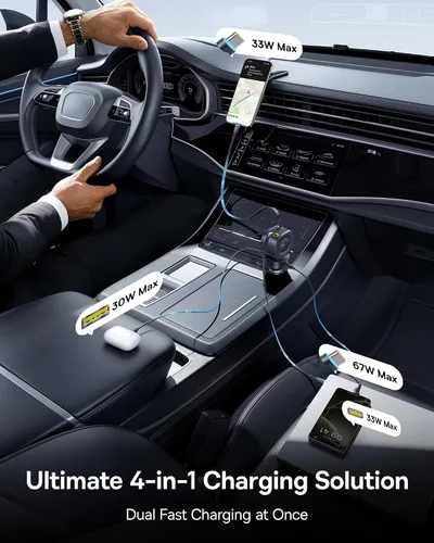 Vista 7 de Baseus Cargador de coche retráctil de 163 W USB C de carga rápida, PrimeTrip VR2 Max 4 en 1, cargador de coche rápido con cable USB C retráctil dual