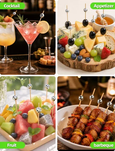 Vista 4 de 100 piezas de palillos de cóctel, palillos de dientes decorativos de bola de discoteca para aperitivos, pinchos de cóctel plateados para aperitivos