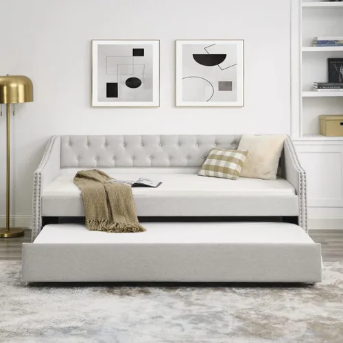 Vista 8 de Sofá cama tapizado de tamaño matrimonial con 2 cajones de almacenamiento, sofá cama con botones y brazos para uñas, color beige Completamente beige