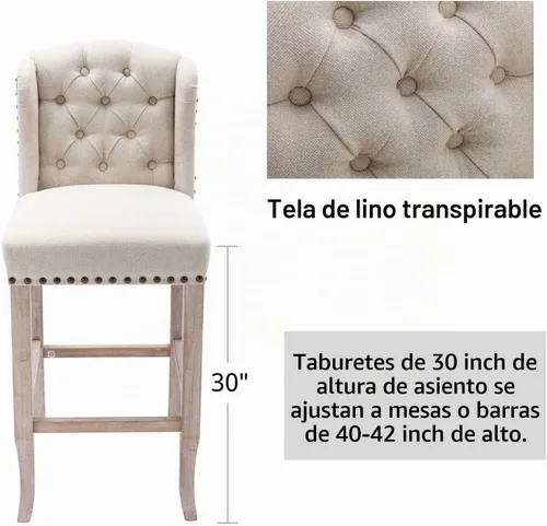 Vista 6 de Juego de 2 taburetes de bar clásicos de lino de 30 pulgadas, sillas de bar altas con respaldo copetudo con botones con patas de madera maciza Beige