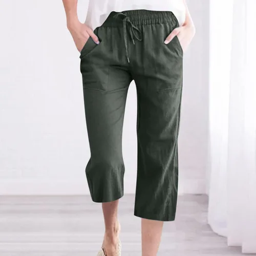 Vista 2 de SKDOGDT Pantalones de lino negro para mujer, pantalones capri casuales de verano de cintura alta, pantalones de yoga de pierna ancha con bolsillos