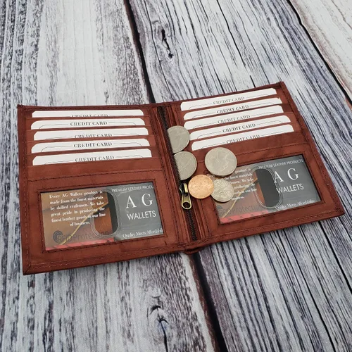 Vista 6 de ag wallets Billetera bifold europea de piel auténtica RFID para hombre, 2 ventanas de identificación, Borgoña