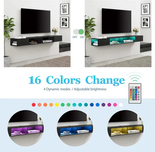 Vista 3 de WAMPAT Centro de entretenimiento flotante para TV de 80 pulgadas, soporte de TV montado en la pared con luz LED, estante de TV flotante debajo