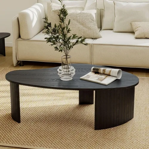 Vista 5 de Hyfirm - Mesa de café moderna de madera negra de 47.25 pulgadas para la sala de estar, mesa central resistente con tapa irregular de mango y patas