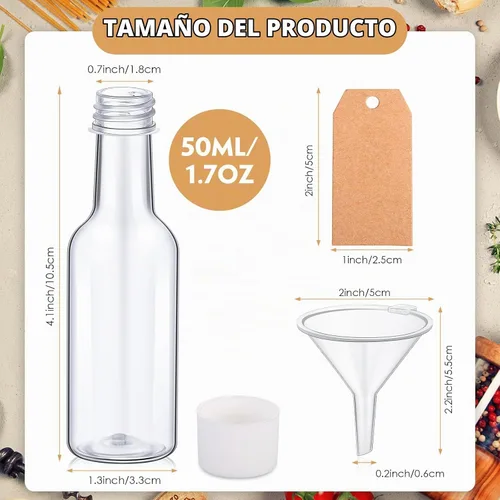 Vista 2 de Patelai Juego de 100 mini botellas de licor, botellas vacías de plástico de 1.7 onzas líquidas para fiestas, recipientes de alcohol con tapas, 6