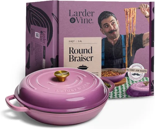 Vista 11 de Larder & Vine Brasera de Hierro Fundido Esmaltado Brasera de 3.6 qt con Tapa Horno Holandés Poco Profundo Compatible con Todas las Cocinas