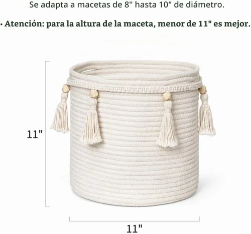Vista 5 de Mkono - Canasta decorativa de macramé de cuerda de algodón boho, linda cesta tejida con borla, contenedores de almacenamiento para armario