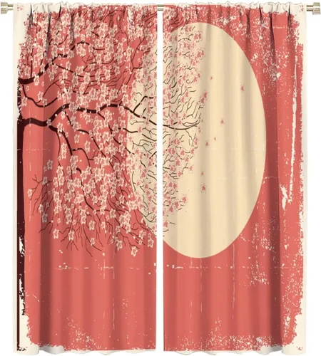 Vista 58 de Cortinas de cerezo, paisaje japonés, árbol de cerezo natural, primavera, dormitorio, sala de estar, ventana, 2 juegos de paneles, 42 x 45 pulgadas