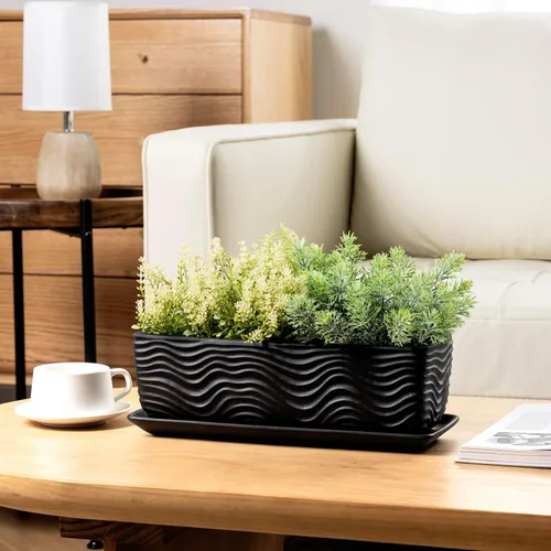 Vista 4 de [Usado] MyGift Maceta de cerámica de 12.5 pulgadas, moderna maceta rectangular texturizada para suculentas con diseño de ondas y platillo extraíble