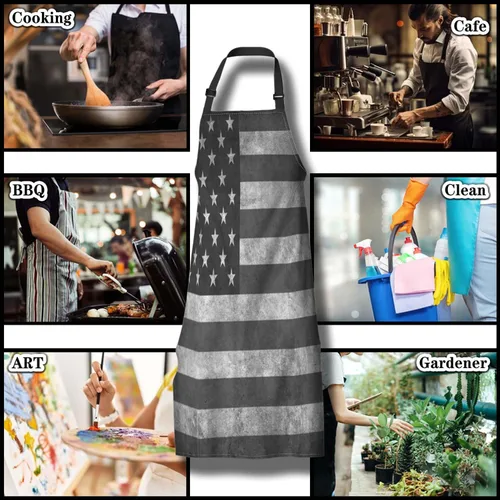 Vista 8 de Delantal de cocina para hombre, diseño de bandera estadounidense en blanco y negro, delantal de cocina para mujeres, para cocinar, restaurante