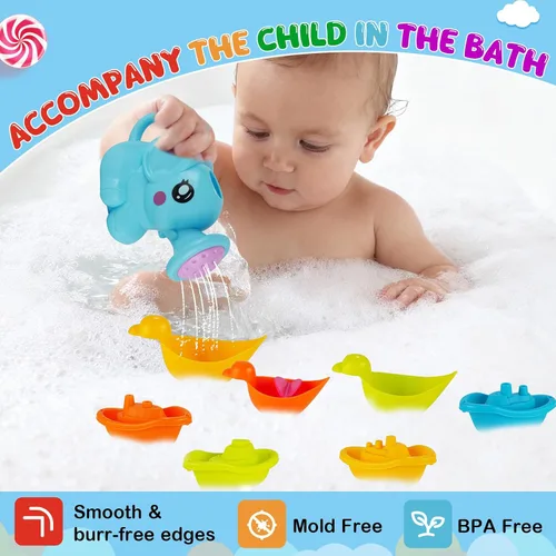 Vista 4 de Juguetes de baño para bebés para niños, 12 juguetes de baño sin moho para niños pequeños con botes flotantes, regadera, patos flotantes y cucharas