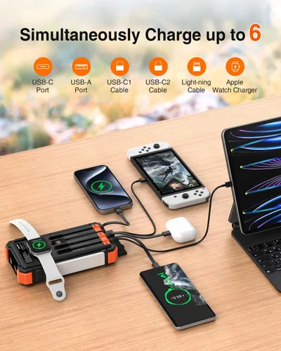 Vista 2 de BLAVOR Cargador solar de 20000 mAh integrado 4 cables, batería externa de carga rápida de 20 W con USB C, luz de campamento, linterna, batería