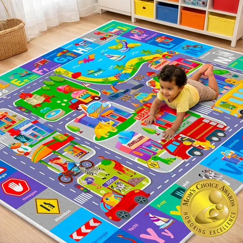 Vista 9 de QUOKKA Alfombra de juego para bebé para piso, alfombra ABC de superficie de felpa súper suave para niños pequeños y bebés, extra gruesa