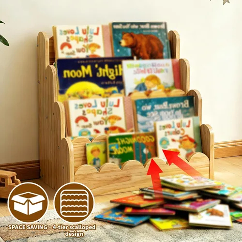 Vista 5 de Estantería festoneada de 4 niveles para niños, estantería pequeña de madera de 16.5 x 15.7 x 9.8 pulgadas para niños pequeños, estante organizador