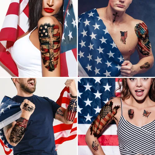 Vista 5 de 77 hojas de tatuajes temporales del 4 de julio para adultos y niños, tatuajes falsos patrióticos del Día de la Independencia de Estados Unidos