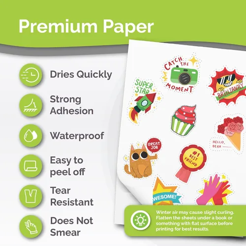 Vista 2 de Papel adhesivo de vinilo imprimible de calidad premium para impresora de inyección de tinta - 34 hojas autoadhesivas de color blanco mate