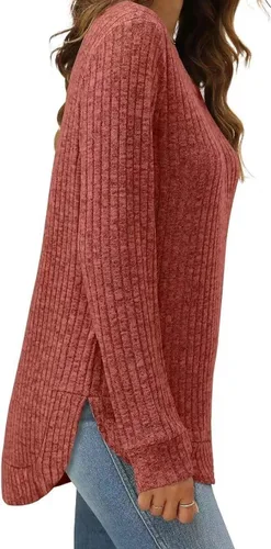 Vista 3 de Suéteres básicos de otoño para mujer, manga larga, cuello redondo, suéter de invierno de punto acanalado, suéter de invierno
