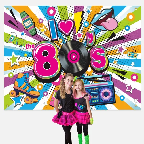 Vista 5 de Decoraciones de fiesta de los años 80, telón de fondo extra grande de tela con texto en inglés "I Love The 80s Hip Hop Party 1980, fiesta