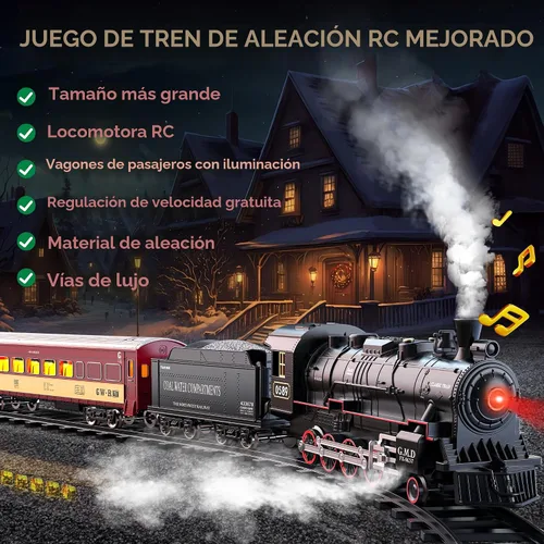 Vista 3 de Hot Bee Juego de tren para niños, juegos de tren de aleación a control remoto con locomotora de vapor, autos y pistas iluminados, juego de trenes