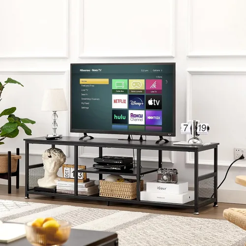 Vista 2 de VECELO Soporte de TV con tomas de corriente para televisores de hasta 65 pulgadas, centro de entretenimiento multimedia de 55" con estación