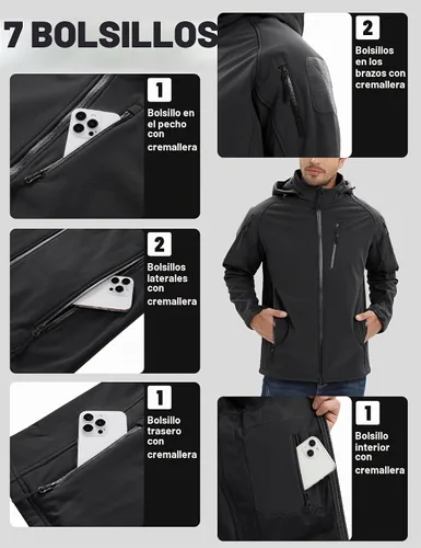 Vista 7 de TACVASEN Chaqueta con capucha Softshell Tactical impermeable con forro Negro
