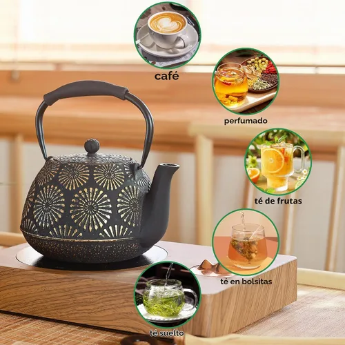 Vista 3 de Tetera de hierro fundido, hervidor de té de 40 onzas con infusor para estufa, diseño Sakura, tetera japonesa para hojas sueltas con interior Negro