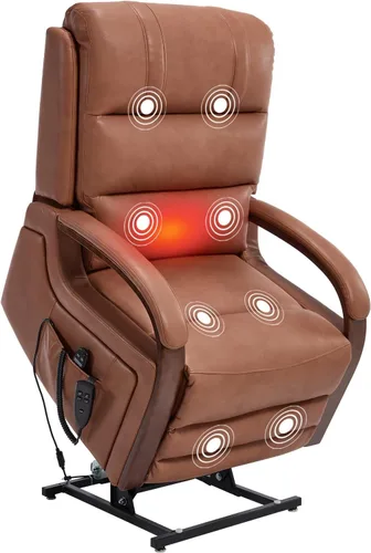 Vista 9 de Sillón reclinable de elevación eléctrica de doble motor Trustyue, reclinable plano, silla elevadora con masaje y calor, asistencia para pararse Piel