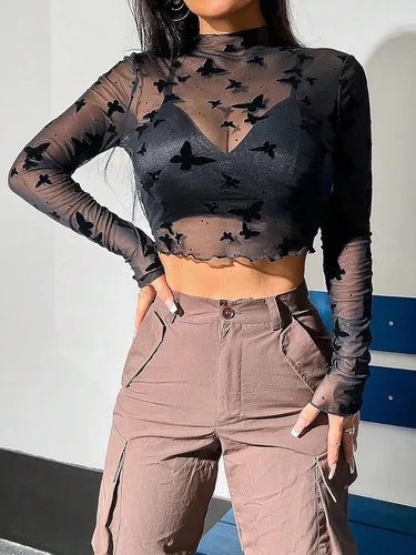 Vista 6 de SHENHE Top corto sexy de manga larga con estampado de mariposas y cuello alto falso para mujer