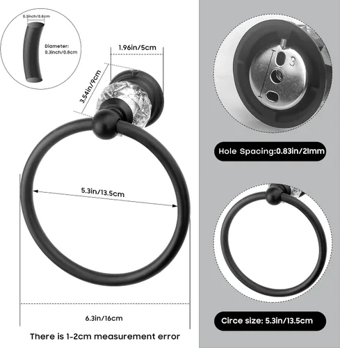 Vista 4 de Anillo de toalla de cristal negro, soporte para toallas de baño, negro mate, soporte para toallas de baño, soporte para toalla de mano para baño
