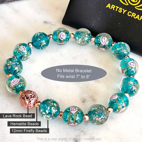 Vista 5 de ARTSY Crafts - Pulsera de cuentas de luciérnaga que brillan en la oscuridad, color azul océano luminoso, cuentas de cristal de Murano, joyería