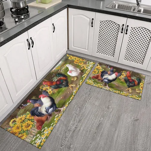 Vista 2 de Juego de 2 alfombras de cocina con temática de gallo, decoración de granja, tapetes absorbentes y antideslizantes, lavables, decoración de girasol