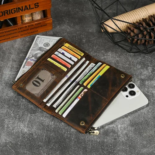 Vista 58 de Genuino Caballo Loco Cuero Regalo de Viaje Moneda Bolsillo Tarjetero Organizador Largo Cadena Rfid Cartera Monedero Con Broche Para Hombres Hombres