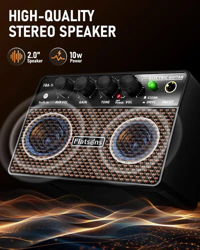 Vista 3 de Flatsons FBA-10 Amplificador de Guitarra, Amplificador Eléctrico Mini de 10W con Canal Limpio/Drive, 6H de Funcionamiento, Recargable por USB-C