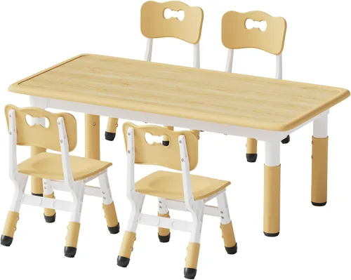 Vista 8 de Set de mesa y 4 sillas para niños Brelley, juego de mesa y sillas ajustables en altura para niños pequeños, escritorio con diseño de grafiti, patas
