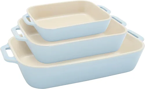 Vista 7 de STAUB Juego de 3 platos rectangulares de cerámica para hornear, turquesa rústico Oven-to-Table for Lasagnas, Roasts & Apple Crisp. Dishwasher Safe