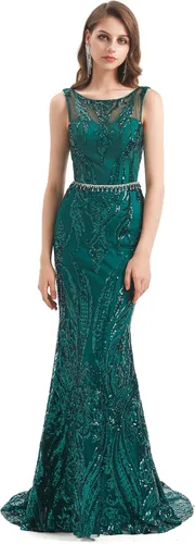Vista 2 de Vestido de noche formal de sirena sin mangas con lentejuelas en V sin espalda para mujer