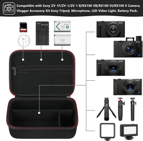 Vista 2 de Funda rígida de viaje para cámara digital Sony ZV-1F / ZV-1 / ZV-1 II, funda protectora para kit de accesorios Vlogger, trípode y micrófono Negro