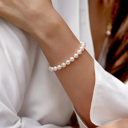 Vista 3 de The Pearl Source White Freshwater Pearl Bracelet for Women - Cultured Pearl Bracelet in 925 Sterling Silver with Genuine Cultured Pearls, 7.0-7.5mm