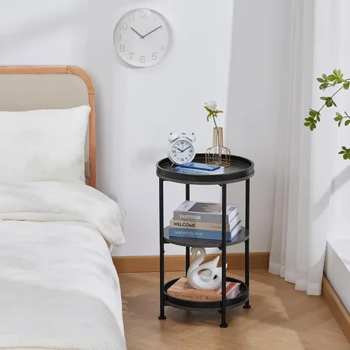 Vista 8 de Dulcii Mesa auxiliar, mesa auxiliar redonda con 3 estantes para sala de estar, dormitorio, mesita de noche con marco de acero para espacios