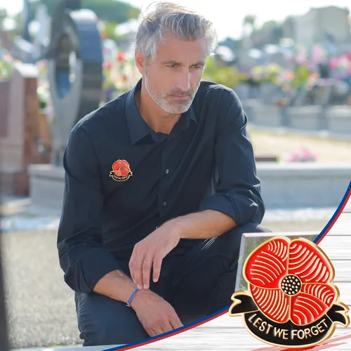 Vista 4 de Broche de flor de amapola, pin de solapa de metal, para que no olvidemos la amapola, regalo del día de los veteranos, pin rojo y negro de amapola